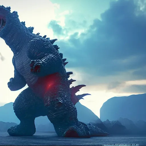 Image similar to nick clegg fighting godzilla, unreal engine, vfx, shaders, ray tracing, 3 d animation, sharp, vaporwave