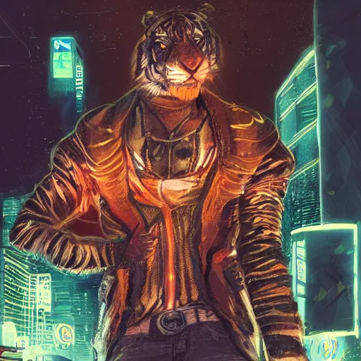 Image similar to a beautfiul award winning commission portrait of an anthro tiger in the neon cyberpunk city at night,wearing a leather jacket,glow effect,detailed face,photorealistic,character design by charles bowater,ross tran,deviantart,artstation,digital art,hyperdetailed,realistoc,western comic style,vfx,dramatic,fantasy,dream-like