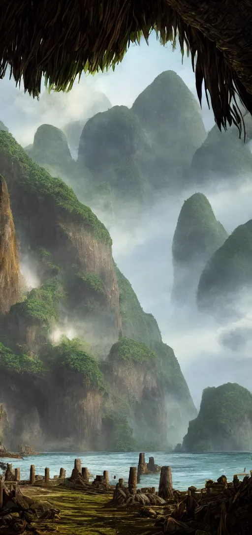 Prompt: wooden fortress on a tropical island with ruff shore cliffs, skull Island, kingkong,landscape, raphael lacoste, eddie mendoza, alex ross, john howe, concept art, matte painting, highly detailed, rule of thirds, dynamic lighting, cinematic, detailed, denoised, centerd, clean render