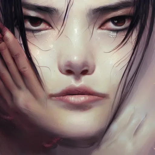 Image similar to Stunning portrait of Beautiful Hispanic tiny nose womans face with her hands covering her eyes. Soft render, Greg Rutkowski details, Tears pouring down from her eyes, music album cover, artstation, pixivi