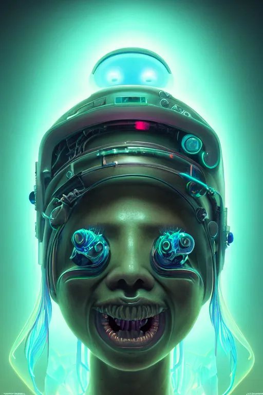 Image similar to portrait of a cute smiling bioluminescent creature, cyberpunk, dark retrowave, highly detailed, asymmetrical artwork, cinematic, hyperrealism, art by zdzisław beksinski and stanley lau and artgerm and magali villeneuve and alphonse mucha, artstation, octane render, unreal engine, 8 k, aperture f 1. 2