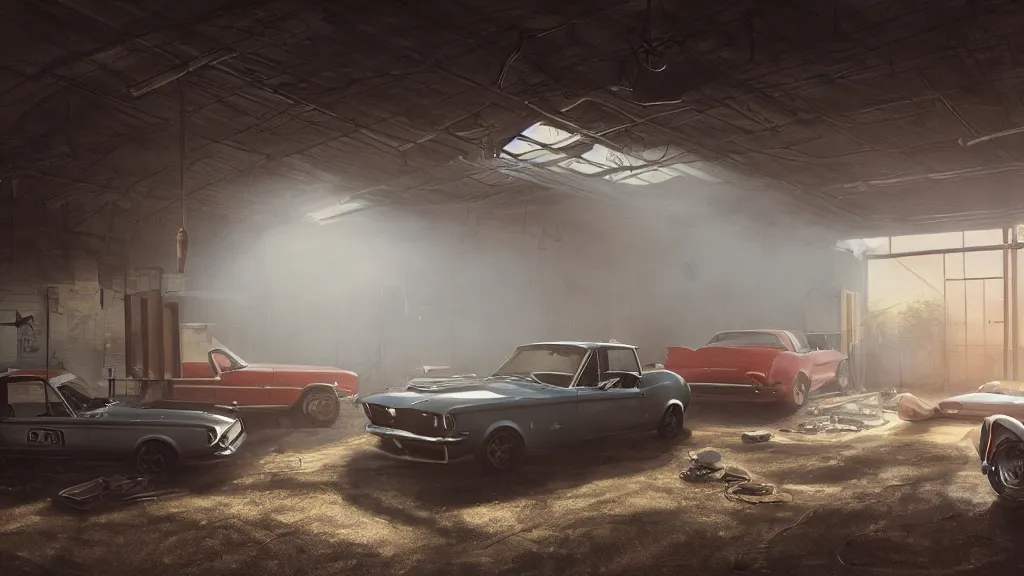 Prompt: a photorealistic hyperrealistic render of an interior of a beautiful cozy garage repair shop with a single classic mustang gt partially hidden by a tarp gathering dust by pixar, greg rutkowski, wlop, artgerm, dramatic moody sunset lighting, long shadows, volumetric, cinematic atmosphere, octane render, artstation, 8 k