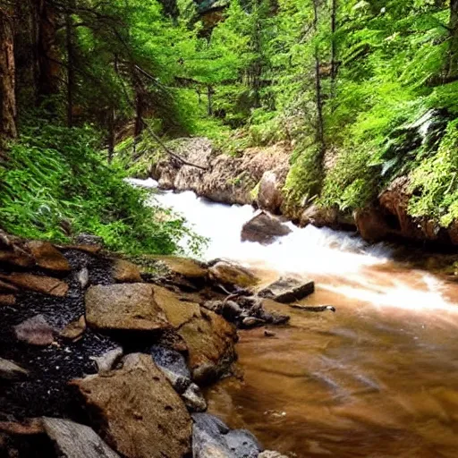 Prompt: sitting by a gently flowing stream in the coolness of a canyon rich in towering evergreens