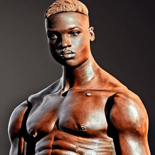 Prompt: a realistic detailed photo of a guy who is an attractive humanoid who is half robot and half humanoid, who is a male android, boxer and youtuber ksi, shiny skin, posing like a statue, blank stare, at the museum, on display