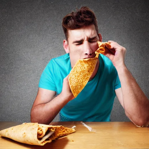 Prompt: a man eating a burrito while looking sad, realistic photo,