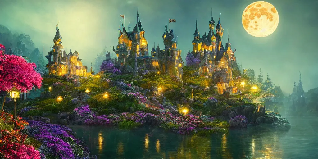 Image similar to a single glittering fairy castle at night, a full moon, water and colourful flowers, extremely detailed oil painting, unreal 5 render, fantasy digital art, octane render, beautiful composition, trending on artstation, award-winning photograph, masterpiece