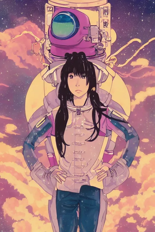 Prompt: portrait of a young anime astronaut girl, hisashi eguchi, akihito yoshida, yuya nagai, film noir, bladerunner, alphonse mucha, loish, murata range, cinematic, studio lighting, manga, vibrantly colored, dreamy, gradation, space nebula background