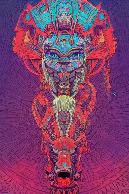 Image similar to totem animal tribal chaman vodoo mask feather gemstone plant video game illustration vivid color borderlands and by feng zhu and loish and laurie greasley, victo ngai, andreas rocha, john harris radiating a glowing aura