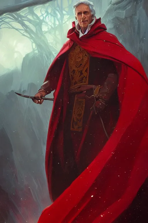 Prompt: male sorcerer, wearing a red cloak, highly detailed, digital painting, artstation, concept art, smooth, sharp focus, illustration, art by artgerm and greg rutkowski and alphonse mucha and andrei riabovitchev