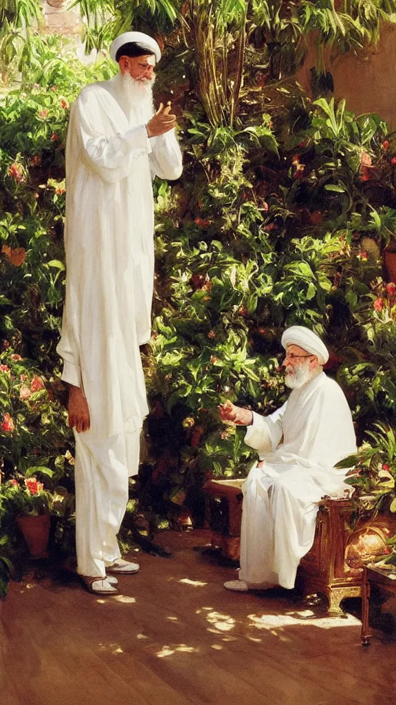 Image similar to an ali khamenei in botanical room by john singer sargent, cinematic, detailed