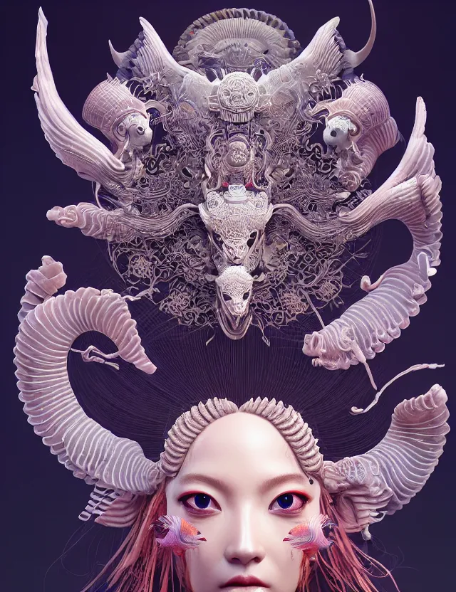 Image similar to 3 d goddess close - up frontal portrait with ram skull. beautiful intricately detailed japanese crow kitsune mask and clasical japanese kimono. betta fish, jellyfish phoenix, bio luminescent, plasma, ice, water, wind, creature, artwork by tooth wu and wlop and beeple and greg rutkowski