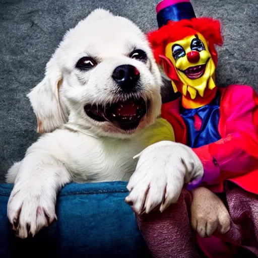 Image similar to Dogs biting scary clowns at night