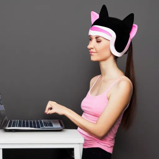 Image similar to cute woman wearing tank top and cat ears plays on computer, smooth art, sun flare