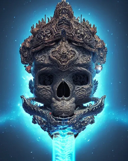 Image similar to 3 d ornate carved dark cosmic king with profile portrait, sigma 5 0 0 mm f / 5. beautiful intricate highly detailed quetzalcoatl skull. bioluminescent, plasma, lava, ice, water, wind, creature, thunderstorm! artwork by tooth wu and wlop and beeple and greg rutkowski, 8 k trending on artstation