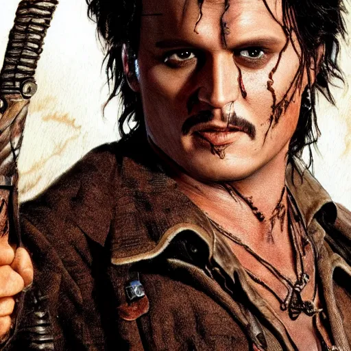 Image similar to Johnney Depp as Ash William's in Army of darkness, HD, high resolution, hyper realistic, 4k, intricate detail