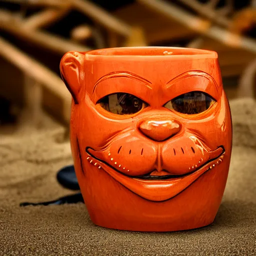 Image similar to a closeup photorealistic photograph of a glossy orange cat garfield style tiki mug sitting at a trader vic's beach bar featuring garfield's face. tiki theme. bright scene. fine detail. this 4 k hd image is trending on artstation, featured on behance, well - rendered, extra crisp, features intricate detail, epic composition and the style of unreal engine.