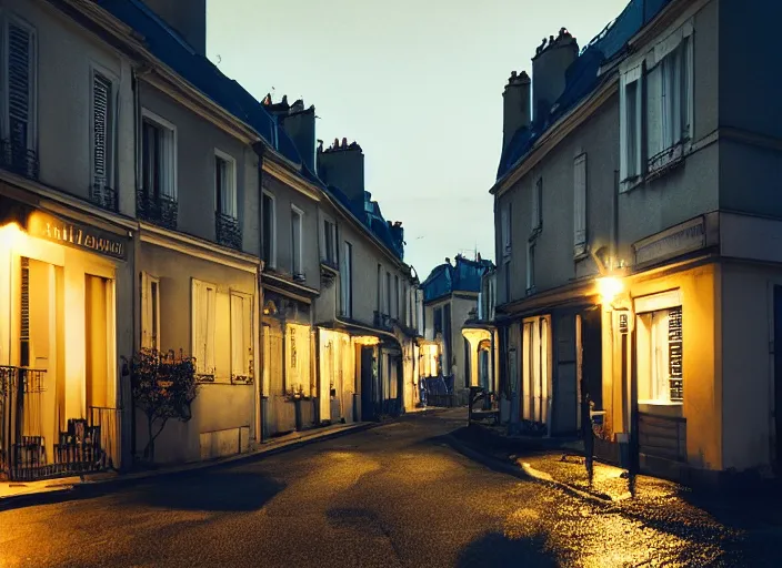 Prompt: small suburban houses in Paris at night inspired by Edward Hopper, Photographic stills, photography, fantasy, moody lighting, dark mood, imagination, cinematic