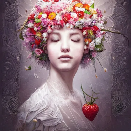 Image similar to the portrait of an absurdly beautiful, graceful, elegant, chaste, young woman made of strawberries and white petals looking up, an ultrafine detailed illustration by kim jung gi, irakli nadar, intricate linework, bright colors, octopath traveler, final fantasy, angular, unreal engine 5 highly rendered, global illumination, radiant light, detailed and intricate environment