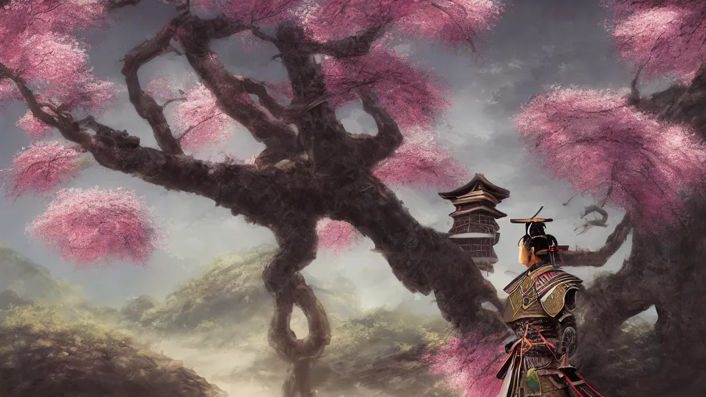 Prompt: beautiful painting of an armoured samurai meditating under a blossom tree, realistic, digital painting, concept art, matte painting, cinematic night lighting, 8 k, highly detailed, detailed terrain, trending artstation