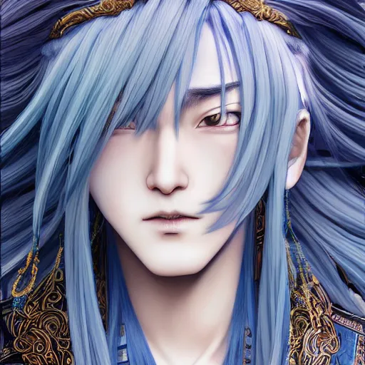 Image similar to an immortal xianxia cultivator with long blue hair as an absurdly handsome, elegant, young anime man, ultrafine hyperrealistic detailed face illustration by kim jung gi, irakli nadar, intricate linework, sharp focus, bright colors, matte, gujian, final fantasy, unreal engine highly rendered, global illumination, radiant light, intricate environment