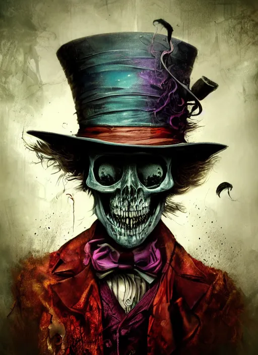 Image similar to mad hatter, call of cthulhu, half skull half face, highly detailed, cinematic, 8 k, by megan duncanson, benjamin lacombe, adrian borda, stanley artgermm, tom bagshaw, craig mullins, carne griffiths, ayami kojima, beksinski, giger, trending on deviantart, hyper detailed, horror, full of colour