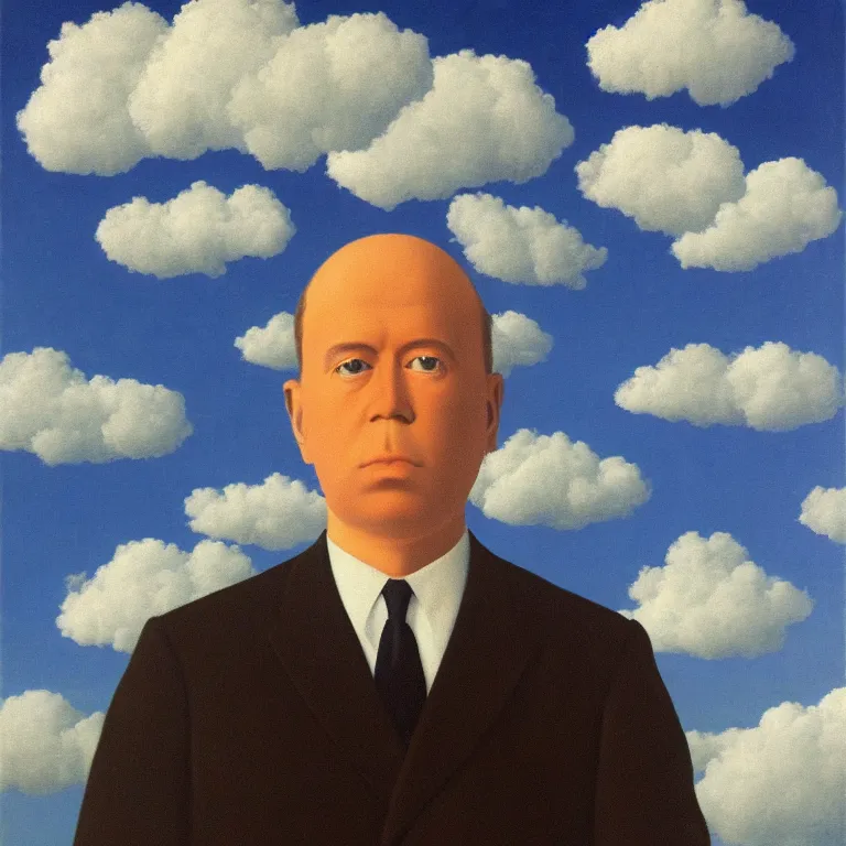 Image similar to portrait of a ghost, clouds in the background, by rene magritte, detailed painting, distance, middle centered, hd, hq, high resolution, high detail, 4 k, 8 k