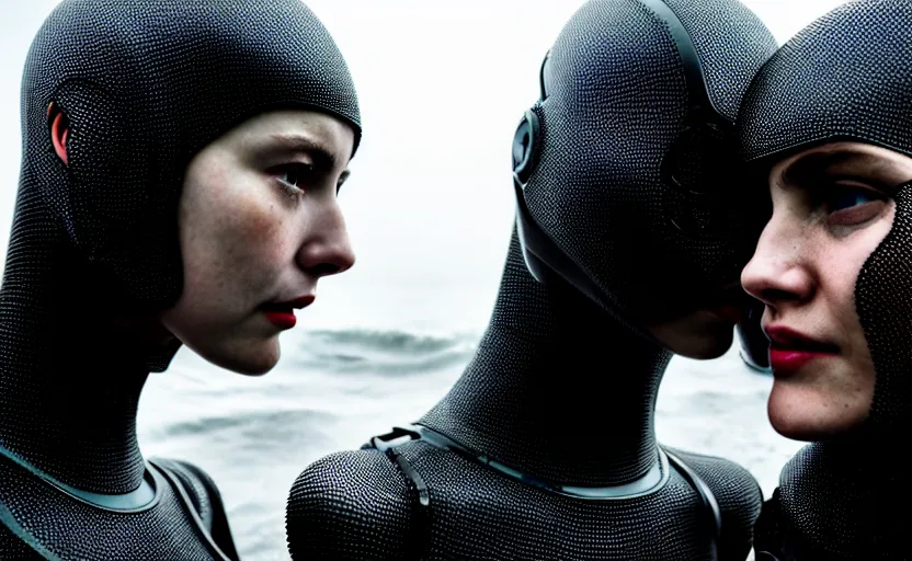 Image similar to cinestill 5 0 d candid photographic portrait by christopher nolan of two loving female androids wearing rugged black mesh techwear in treacherous waters, extreme closeup, modern cyberpunk moody emotional cinematic, pouring rain, 8 k, hd, high resolution, 3 5 mm, f / 3 2, ultra realistic faces, ex machina