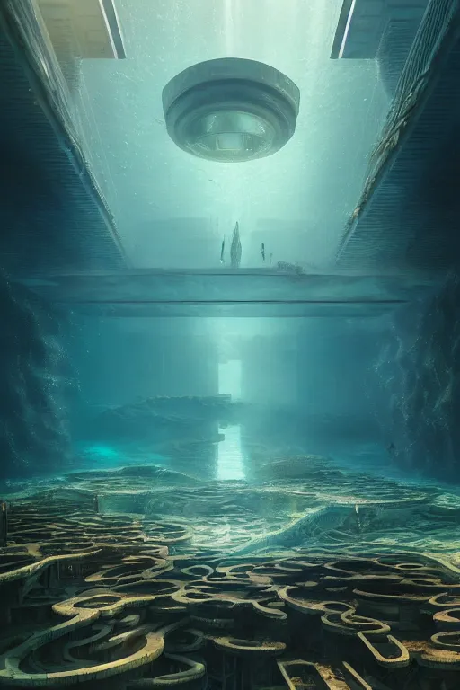 Prompt: hyperrealistic precisionist cinematic underwater neo - dystopian city ruins with giant luminescent aquatic plants, digital art masterpiece, aykut aydogdu eric zener, dramatic volumetric light, long shot, low angle uhd 8 k, sharp focus