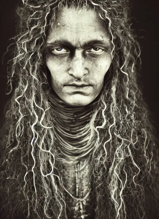 Image similar to Award winning Editorial photo of a medieval Native Liechtensteiners with incredible hair and beautiful hyper-detailed eyes wearing traditional garb by Lee Jeffries, 85mm ND 5, perfect lighting, gelatin silver process
