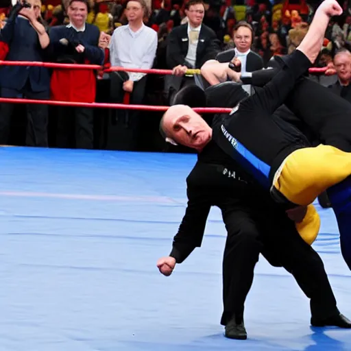 Image similar to Volodymyr Zelenskyj fighting Vladimir Putin in a wrestling match