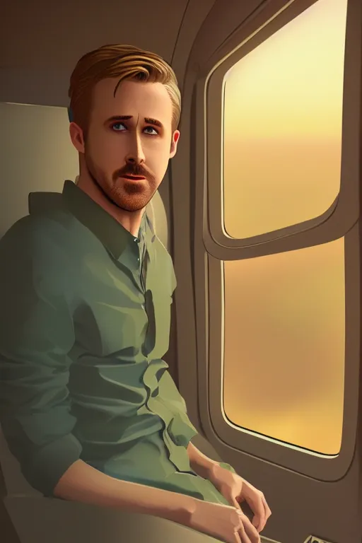 Image similar to Ryan Gosling looking a huge fire at window in airplane, ilya kuvshinov landscape, very detailed, ArtStation