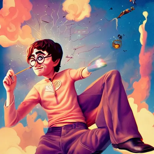 Image similar to harry potter smoking weed and being high as a kite, Pixar style, by Tristan Eaton Stanley Artgerm and Tom Bagshaw.