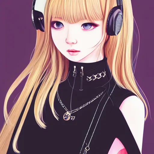 Image similar to realistic beautiful gorgeous natural cute Blackpink Lalisa Manoban blonde hair cute fur blonde cat ears, wearing summer outfit, wearing headphones, wearing black leather choker artwork drawn full HD 4K highest quality in artstyle by professional artists WLOP, Taejune Kim, Guweiz on Artstation Pixiv