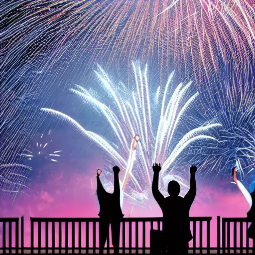Prompt: four people watching fireworks go off in the night sky behind a prison