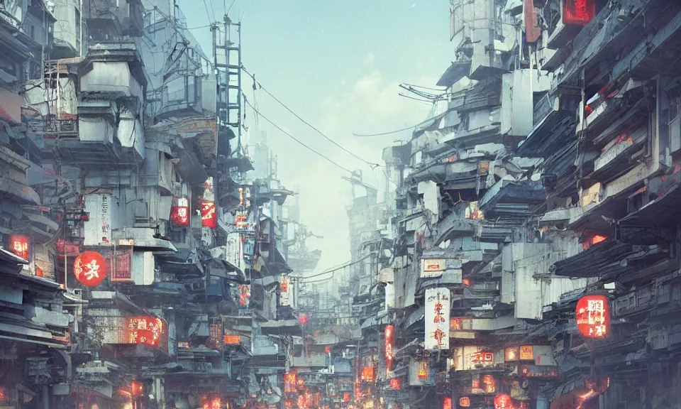 Prompt: A Japanese city in the 1980s, designed by Greg Rutkowski. Trending on Artstation