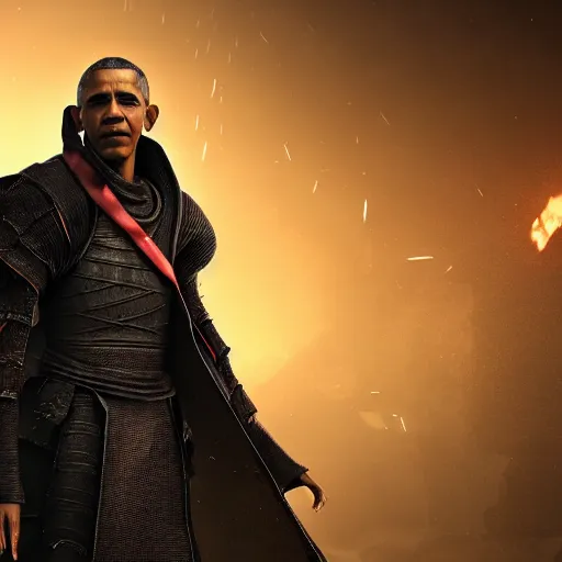 Prompt: barack obama in dark souls, octane render, 8k, cinematic, rutkowski, detailed face, portrait,