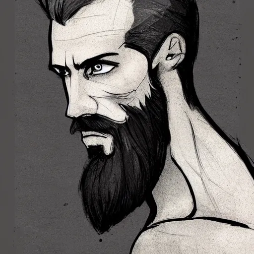Prompt: very attractive man with beard, body full, strong masculine features, 3/4 front view, slim, short hair, 35 years old, one android eye, sophisticated clothing with some steampunk elements, gesture dynamic, command presence, royalty, weathered face, smooth, sharp focus, organic, appealing, book cover, deep shadows, by Dave McKean sketch lineart for character design