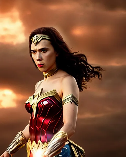 Prompt: scarlett johansson as wonder woman from new 5 2, movie, hyper realistic, hollywood promotional image, imax, 8 k