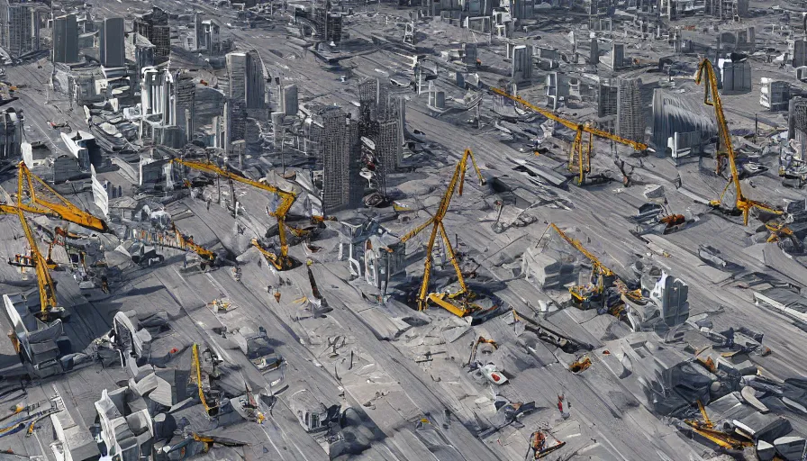 Image similar to Realistic photo of the reconstruction of Los Angeles after an earthquake with cranes on construction sites, hyperdetailed, artstation, cgsociety, 8k