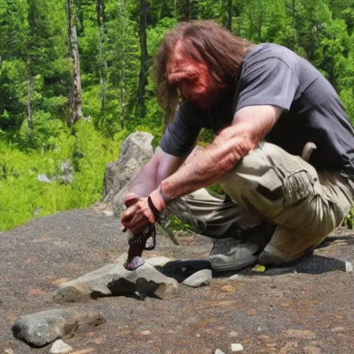 Prompt: neanderthal discovering a pistol near a rock on the ground.