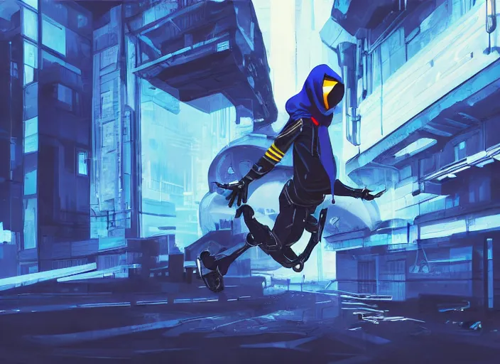 Image similar to g girl in blue hoodie jumping away from mech robot, animatic, high quality, cyberpunk
