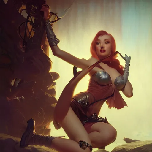 Image similar to Jinx of League of Legends, dark fantasy, medium shot, intricate, elegant, highly detailed, digital painting, volumetric light, artstation, concept art, smooth, sharp focus, illustration, art by Gil Elvgren and Greg Rutkowski and Alphonse Mucha