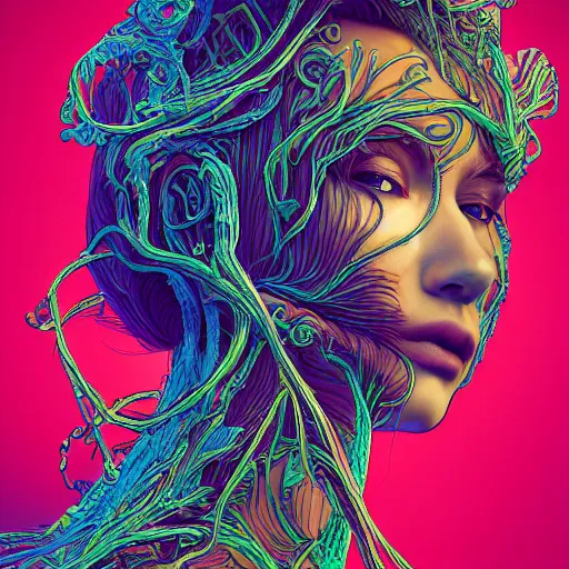 Prompt: the portrait of an incredibly beautiful woman partially made of onion rings, an ultrafine detailed illustration by james jean, final fantasy, intricate linework, bright colors, behance contest winner, vanitas, angular, altermodern, unreal engine 5 highly rendered, global illumination, radiant light, detailed and intricate environment