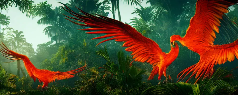 Prompt: flock of fiery phoenix birds in tropical forest, insanely detailed, digital art, photorealistic, wimmelbilder, unreal engine 5, 8 k