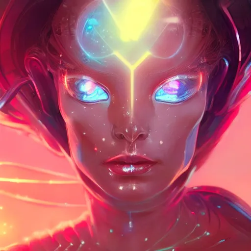 Image similar to alien cyborg holographic, translucent princess, detailed portrait, intricate complexity, by greg rutkowski, artgerm, ross tran, conrad roset, takato yomamoto, ilya kuvshinov. 4 k, beautiful, cinematic dramatic atmosphere