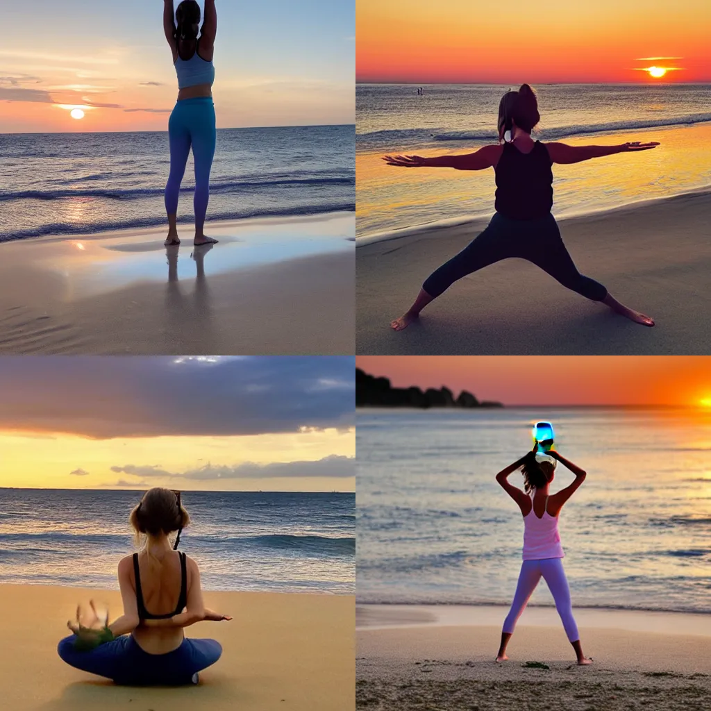 Yoda baby doing yoga on the beach at sunset, Stable Diffusion