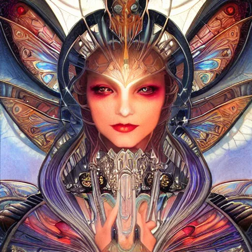 Image similar to beautiful closeup portrait of an art deco android fairy queen, glowing eyes. reflective detailed textures, moth wings, highly detailed dark fantasy science fiction painting by donato giancola and peter mohrbacher and nicholas roerich, elaborate geometric ornament, ancient runes, silver and cool colors. artstation