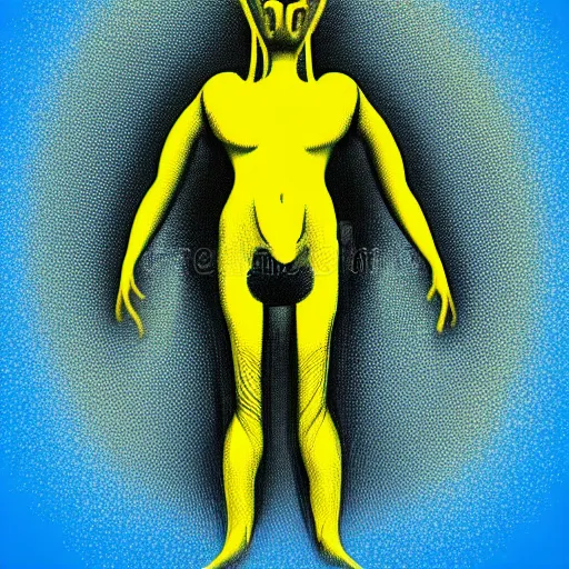 Image similar to human man that resembles a wasp morh in surreal sketch style, blue and yellow gradient, noise, ultrafine detail, hd 8k, logo illustration