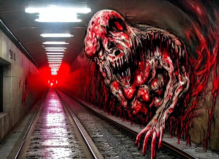 Image similar to very large giant mutant zombie irradiated ( angry rat ) staying on railways in tonnel of moscow subway. extreme high detail, very realistic. extreme long shot, low dark light, scary mood. hermann nitsch.