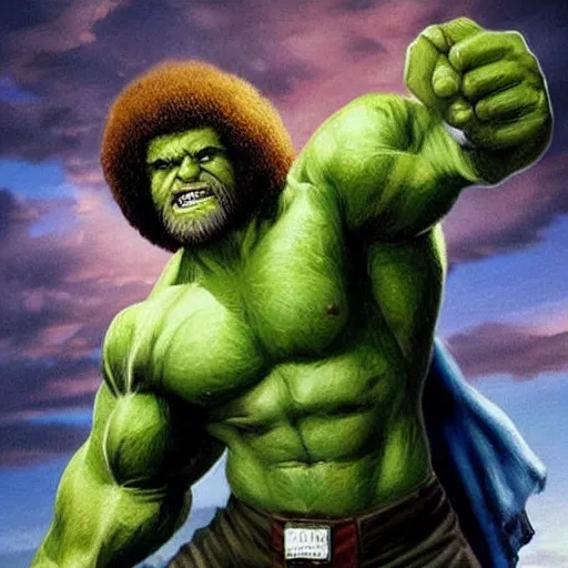 Prompt: photomanipulation of BOB ROSS as hulk, marvel, he is drawing a canvas